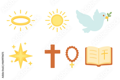 Holy Symbols Icons. Flat vector mini-illustrations Symbols of holiness in colors children's illustrations: glowing halo, sacred