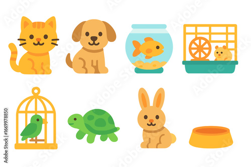 Indoor Pets Icons. Flat vector mini-illustrations indoor pets in colors children's illustrations: cat, dog, fish bowl, hamster