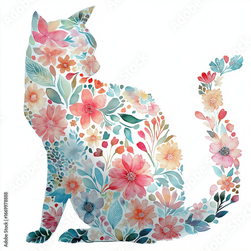 花模様で描かれた猫のシルエット