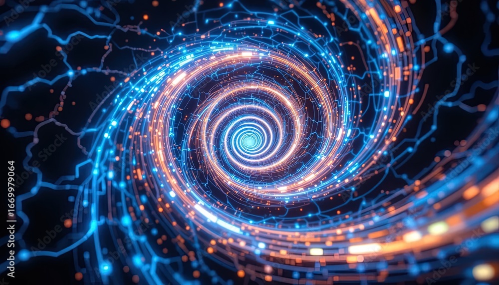 Fototapeta premium A dynamic spiral design, featuring vibrant blue and orange glowing lines, creates a captivating visual effect.