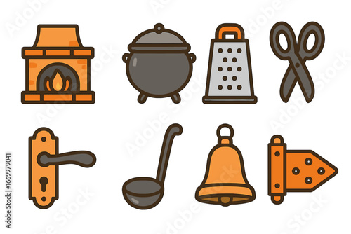 Iron Household Icons. Flat vector mini-illustrations old iron household items in colors children's illustrations: iron fireplace,