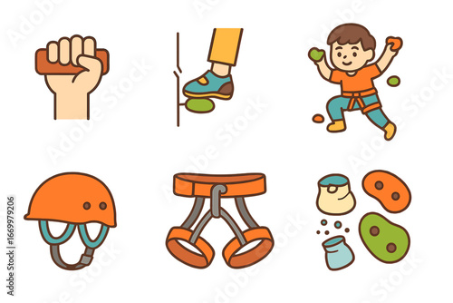 Kids Climbing Techniques. Flat vector mini-illustrations climbing techniques in colors children's illustrations: hand grip, foot
