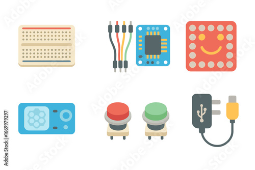 Kids' Circuit Components. Flat vector mini-illustrations circuit assembly in colors children's illustrations: breadboard, jumper