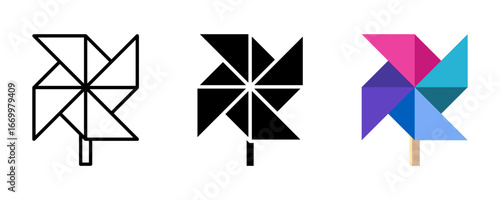 pinwheel icon set. Illustration of a pinwheel toy presented in colorful and silhouette design, perfect for decoration and ornamental purposes.
