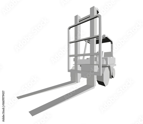 Polygonal forklift truck model in animated motion on a clean white background. The 3D render features geometric details and a dynamic appearance.
