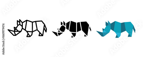 rhinoceros icon set. Three rhino silhouette image, black outline version, black silhouette version, and blue polygonal version, with minimalist and geometric triangle style. Suitable for logo or icon.