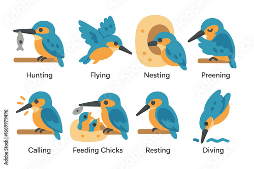 Kingfisher Behaviors Grid. Flat vector mini-illustrations kingfisher behaviors in colors children's illustrations: hunting, flying