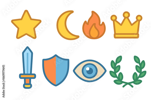 Legendary Symbols Grid. Flat vector mini-illustrations legendary symbols in colors children's illustrations: star, crescent moon,
