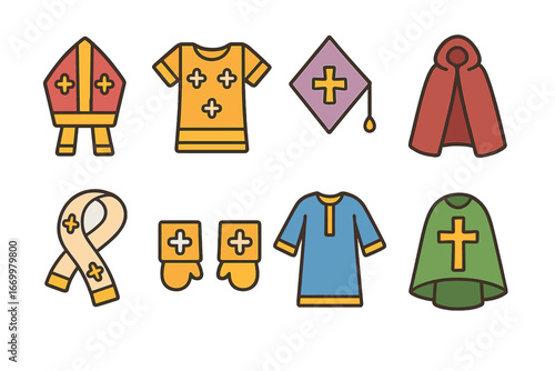 Liturgical and Pastoral Icons. Flat vector mini-illustrations Liturgical garments in colors children's illustrations: mitre,