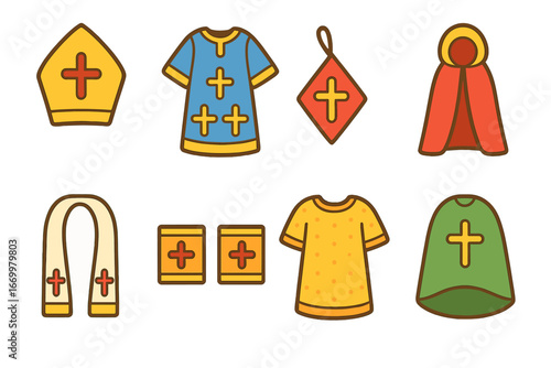 Liturgical and Pastoral Icons. Flat vector mini-illustrations Liturgical garments in colors children's illustrations: mitre,