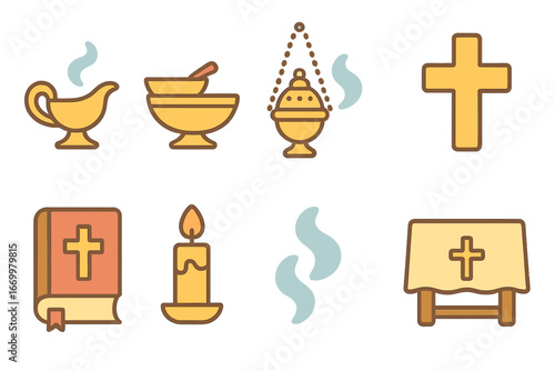 Liturgical Icons for Children. Flat vector mini-illustrations liturgical objects in colors children's illustrations: censer,