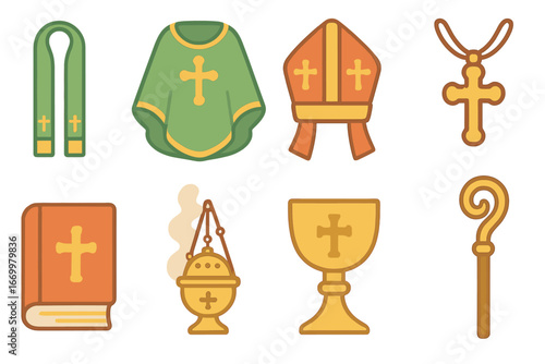 Liturgical Robes Icons. Flat vector mini-illustrations liturgical robes and tools in colors children's illustrations: