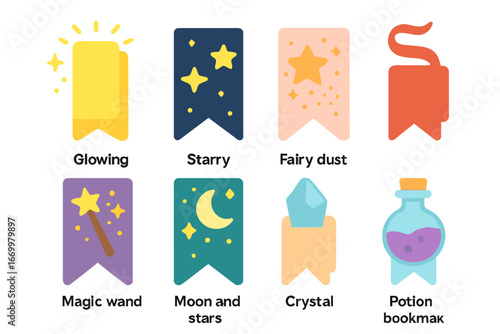 Magical Bookmark Collection. Flat vector mini-illustrations magical bookmarks in colors children's illustrations: glowing bookmark