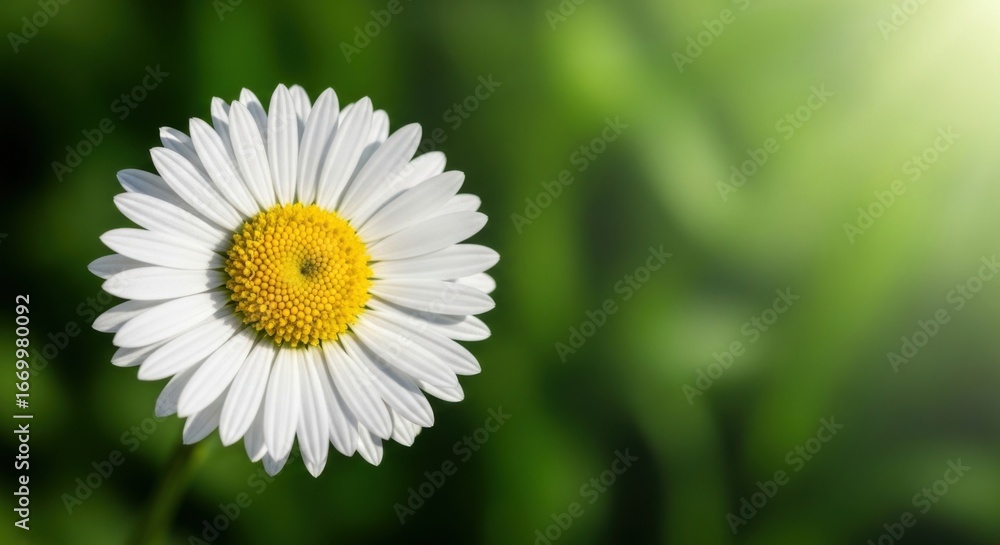 Obraz premium White Daisy Flower with Bright Yellow Center on Green Blurred Background