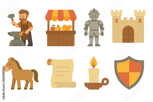 Medieval and Pirate Icons. Flat vector mini-illustrations medieval life in colors children's illustrations: blacksmith, market