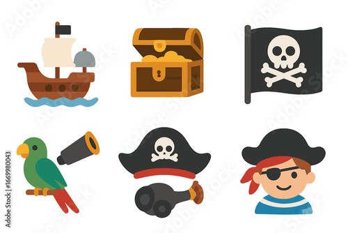 Medieval and Pirate Icons. Flat vector mini-illustrations medieval life in colors children's illustrations: blacksmith, market