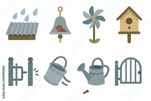 Metallic Nature Sounds. Flat vector mini-illustrations metallic nature sounds in colors children's illustrations: rain on tin roof