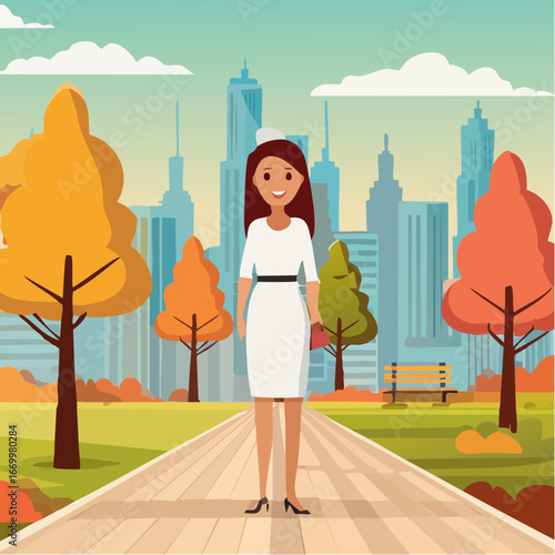 Beautiful woman portrait in a park in an autumn scenery