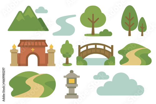 Monastery Scenic Icons. Flat vector mini-illustrations monastery surroundings in colors children's illustrations: mountain