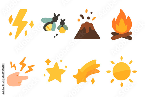 Nature Sparks Icons. Flat vector mini-illustrations sparks in nature in colors children's illustrations: lightning bolt, fireflies
