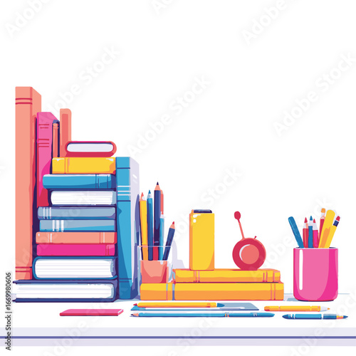 Stack of books with stationery items