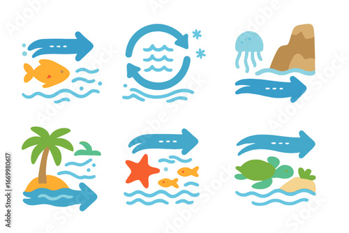 Ocean Currents Grid. Flat vector mini-illustrations ocean currents in colors children's illustrations: Gulf Stream, Antarctic