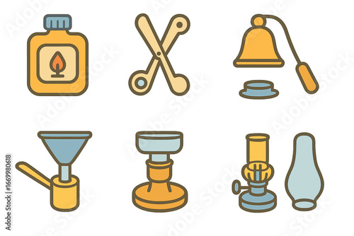 Oil Lamp Accessories. Flat vector mini-illustrations oil lamp accessories in colors children's illustrations: oil container, wick