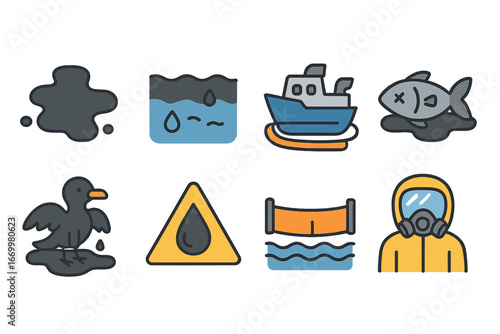 Oil Spill Icons. Flat vector mini-illustrations oil spills and pollution in colors children's illustrations: oil spill, polluted