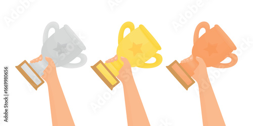 Set hand holding gold, silver, bronze cup. Award concept. Three winners