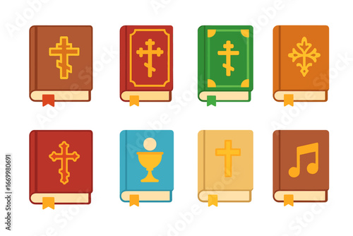 Orthodox Church Books. Flat vector mini-illustrations Orthodox church books in colors children's illustrations: Slavonic Bible,