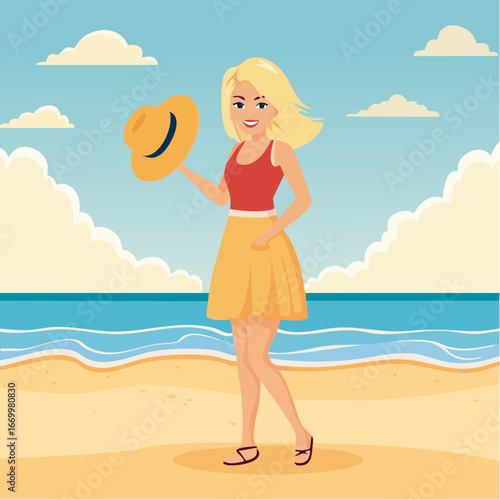Beautiful blond happy woman, holding her summer hat on the beach