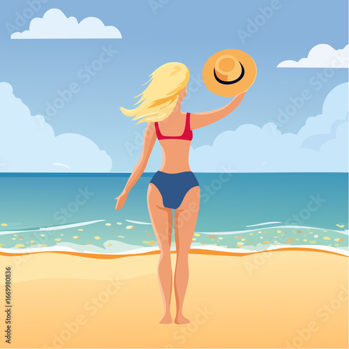 Beautiful blond happy woman, holding her summer hat on the beach
