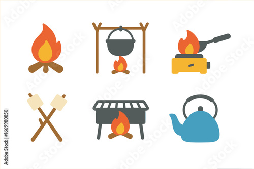 Outdoor Cooking Icons. Flat vector mini-illustrations iron pot outdoor cooking in colors children's illustrations: campfire,