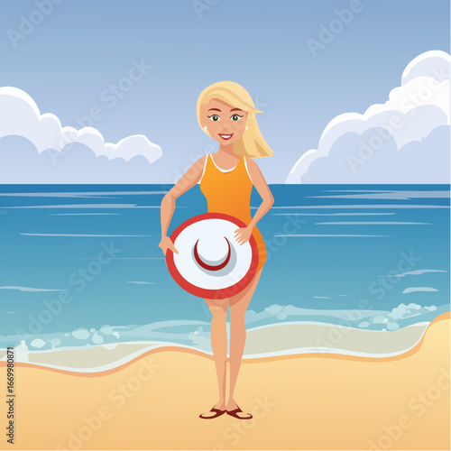 Beautiful blond happy woman, holding her summer hat on the beach