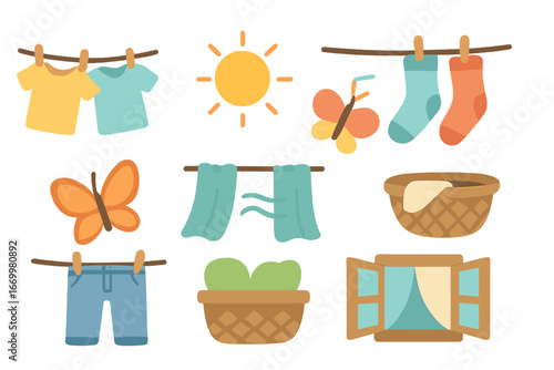 Outdoor Laundry Day. Flat vector mini-illustrations laundry day outdoors in colors children's illustrations: clothesline with