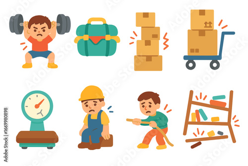 Overload Icons Grid. Flat vector mini-illustrations physical overload in colors children's illustrations: heavy lifting,