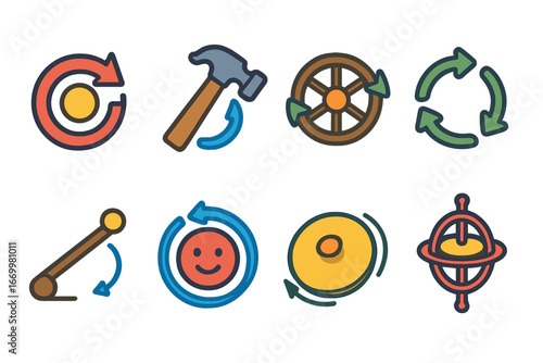 Physics Rotation Illustrations. Flat vector mini-illustrations rotation concepts in physics in colors children's illustrations: