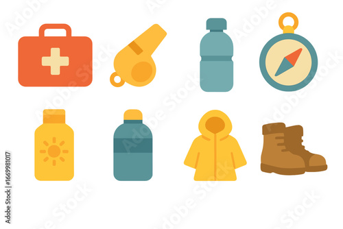 Pilgrimage Safety Icons. Flat vector mini-illustrations Pilgrimage safety gear in colors children's illustrations: first aid kit,