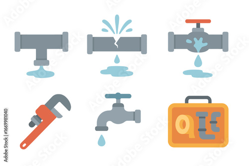 Pipe Burst Mini-Illustrations. Flat vector mini-illustrations pipe burst in colors children's illustrations: leaking pipe, water