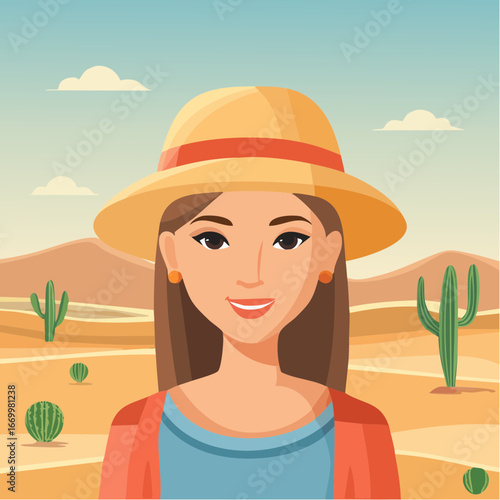 Blong woman in a summer hat on the desert portrait