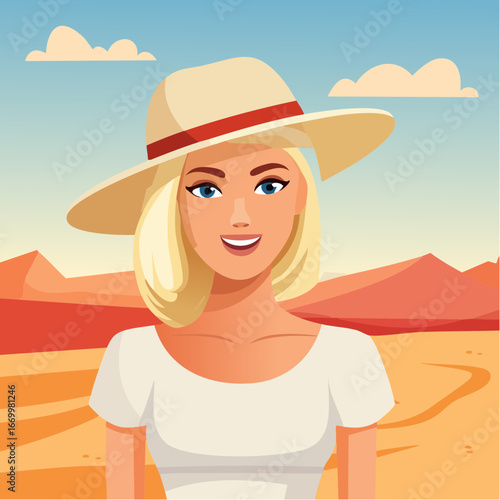 Blong woman in a summer hat on the desert portrait
