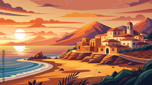 Dawn rises over Roquetas de Mar, Almería, Spain, painting sky in soft orange tones while tranquil waves embrace shoreline, heralding a peaceful beginning filled with Mediterranean charm.