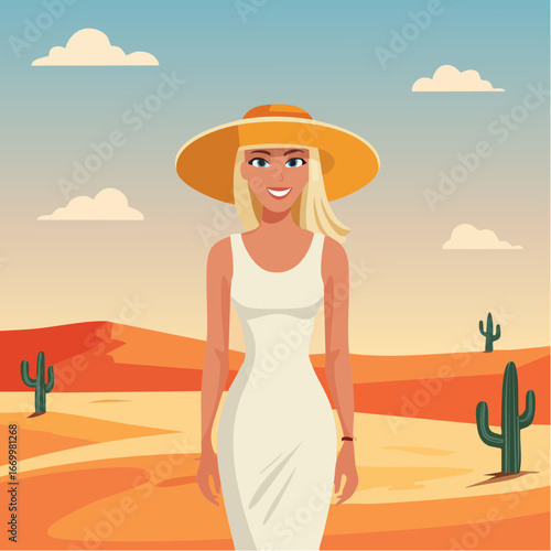 Blong woman in a summer hat on the desert portrait