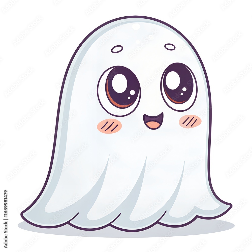 Obraz premium Adorable cartoon ghost with big sparkling eyes and a cheerful smile, perfect for Halloween decorations, children’s themes, or playful designs. 