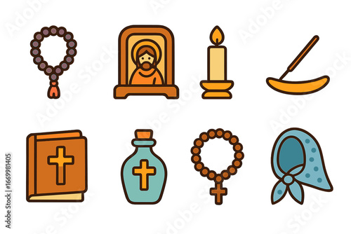 Prayer and Miracles Grid. Flat vector mini-illustrations Orthodox prayer items in colors children's illustrations: prayer rope,