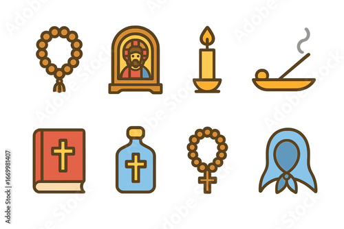 Prayer and Miracles Grid. Flat vector mini-illustrations Orthodox prayer items in colors children's illustrations: prayer rope,