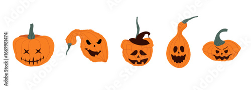 Collection of Halloween pumpkins with funny and scary jack-o-lantern faces hand drawn. Vector illustration for party invitations, fall decor, stickers, prints and seasonal designs