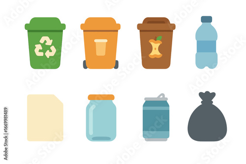 Recycling Icons Grid. Flat vector mini-illustrations clean recycling and trash in colors children's illustrations: recycling bin,