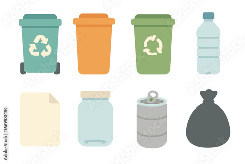 Recycling Icons Grid. Flat vector mini-illustrations clean recycling and trash in colors children's illustrations: recycling bin,
