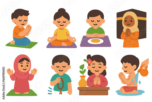 Religious Practices Icons. Flat vector mini-illustrations religious practices in colors children's illustrations: prayer,